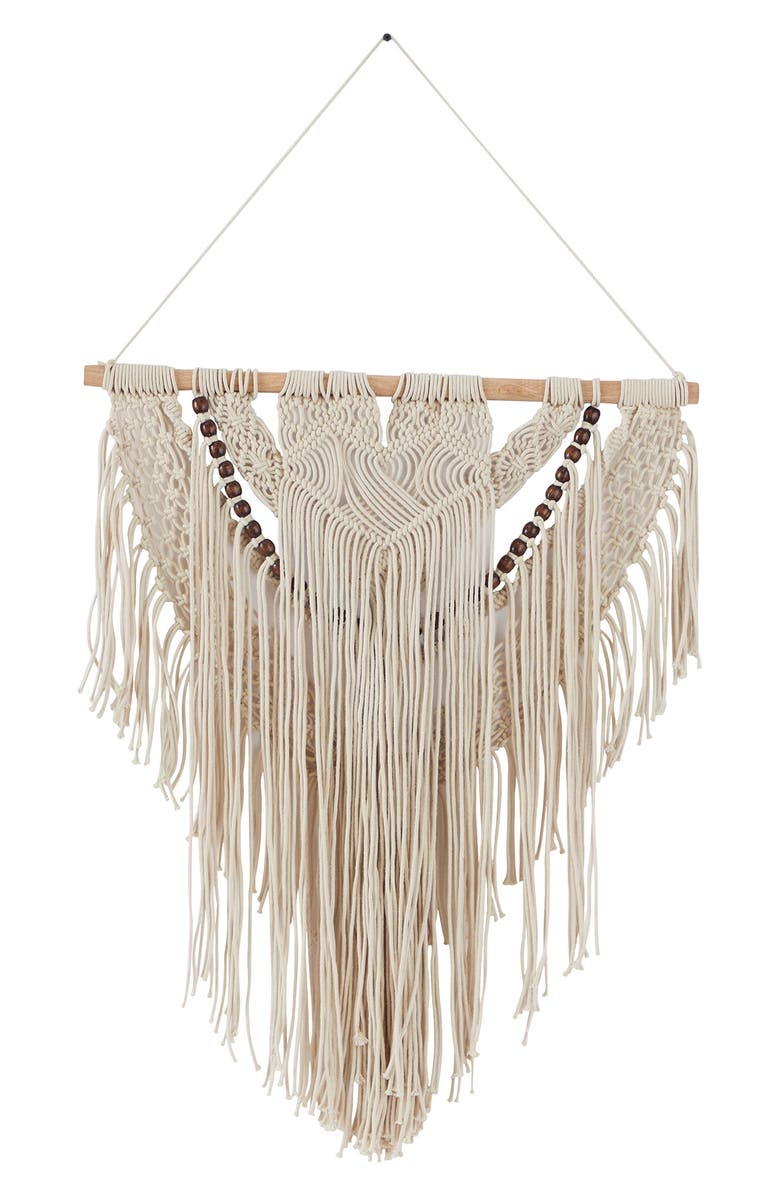 GINGER BIRCH STUDIO Cream Cotton Intricately Woven Macramé Wall Decor with Beaded Fringe Tassels, Alternate, color, White