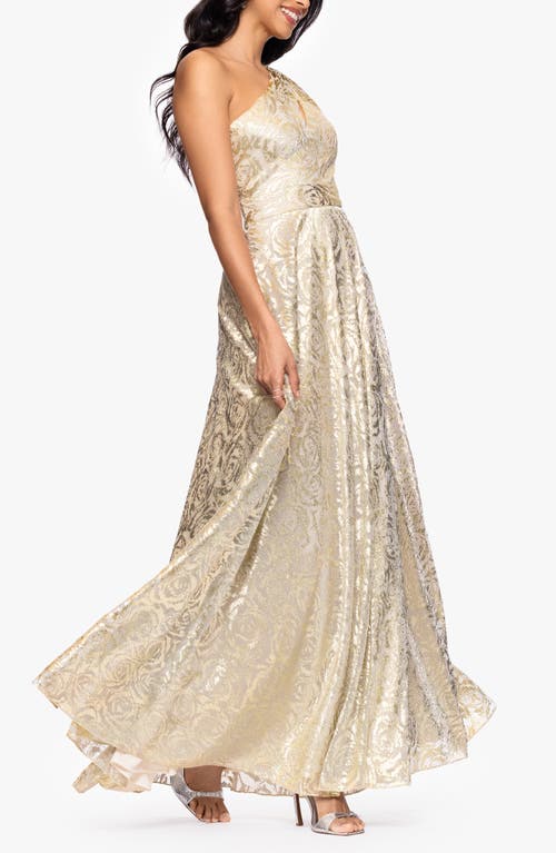 BETSY & ADAM BETSY & ADAM ONE-SHOULDER FOIL FLOWER GOWN 