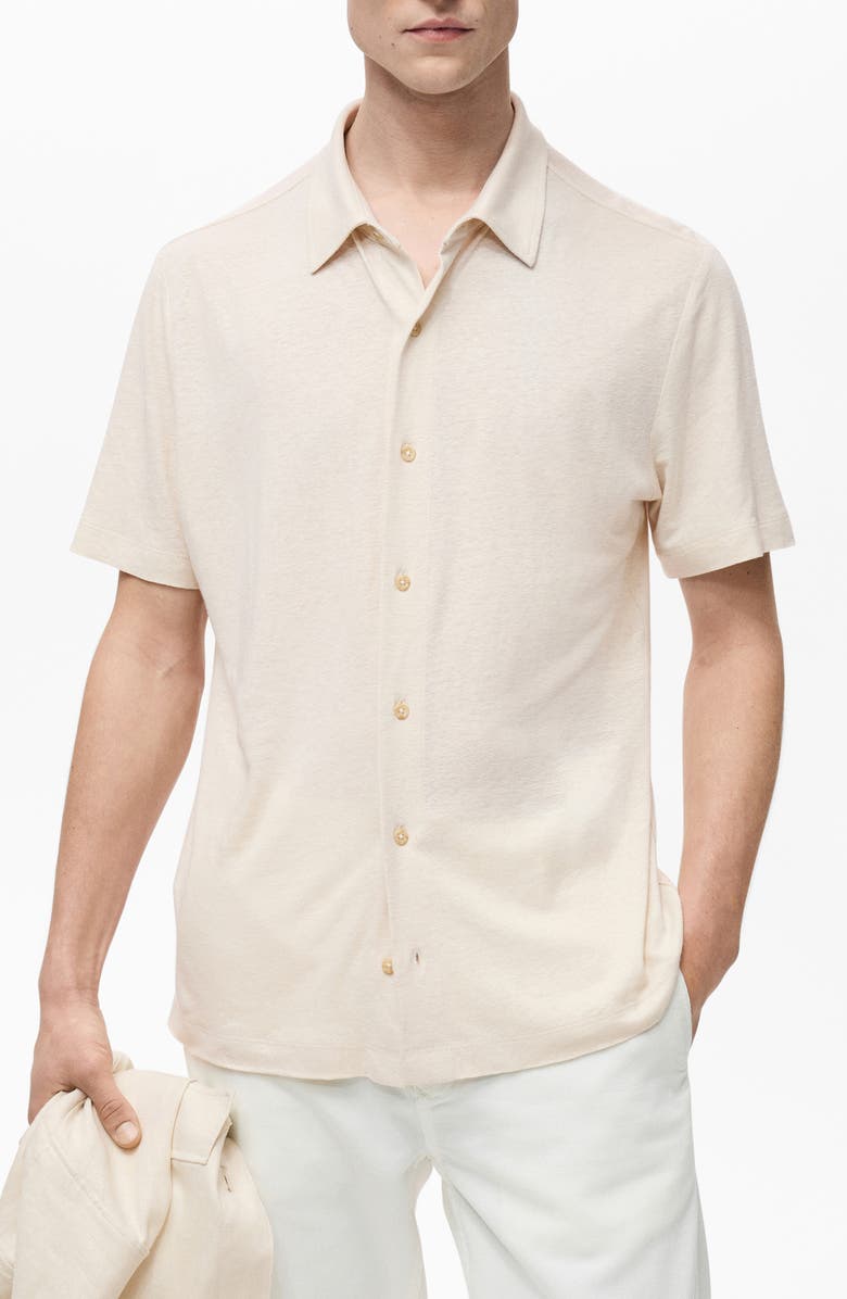 MANGO Regular Fit Short Sleeve Linen Blend Button-Up Shirt, Main, color, Ivory White