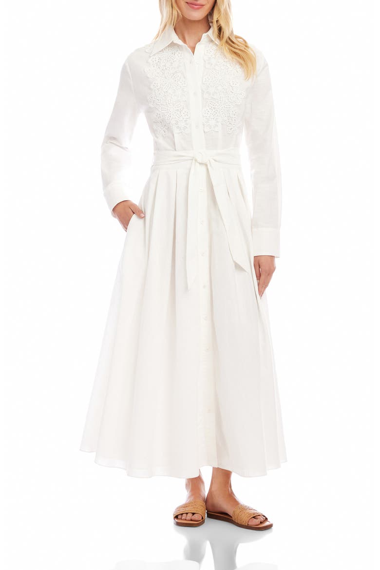 Floral Appliqué Long Sleeve Cotton & Linen Shirtdress, Main, color, OFF WHITE