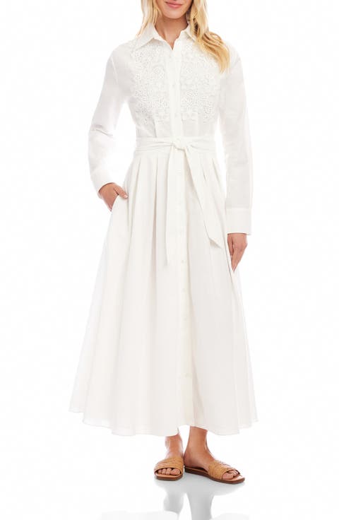 Floral Appliqué Long Sleeve Cotton & Linen Shirtdress