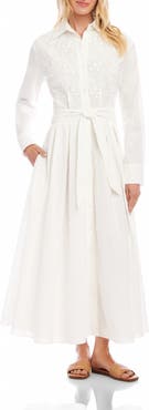 Karen Kane Floral Appliqué Long Sleeve Cotton & Linen Shirtdress