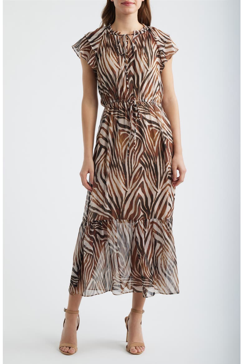 Flutter Sleeve Midi Dress, Main, color, BROWN MULTI