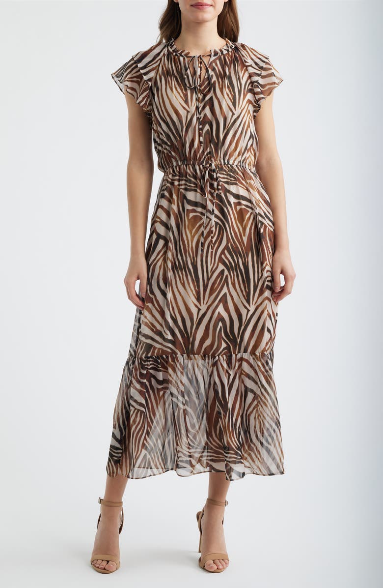 Julia Jordan Flutter Sleeve Midi Dress, Main, color, Brown Multi