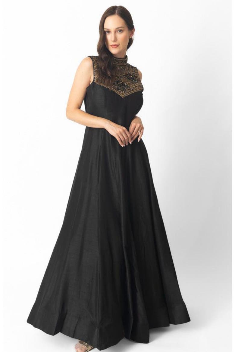 Zuri Embroidered High Neck Gown, Alternate, color, Black