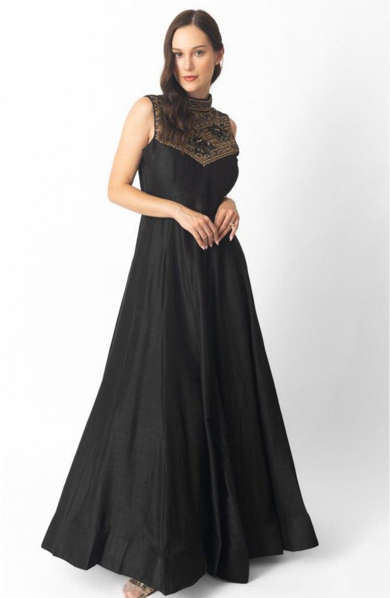 RAAS Zuri Embroidered High Neck Gown, Alternate, color, Black