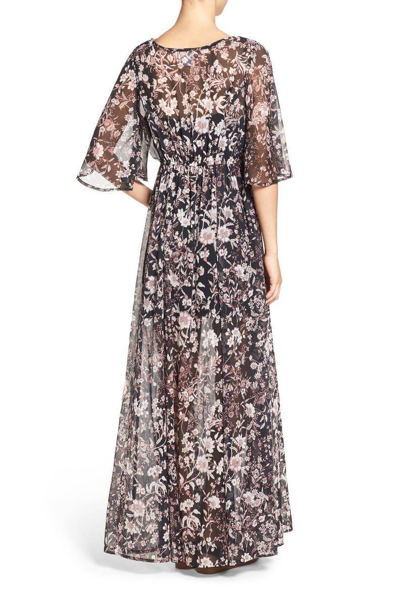 Floral Print Sheer Maxi Dress, Alternate, color, BLACK/ TAUPE