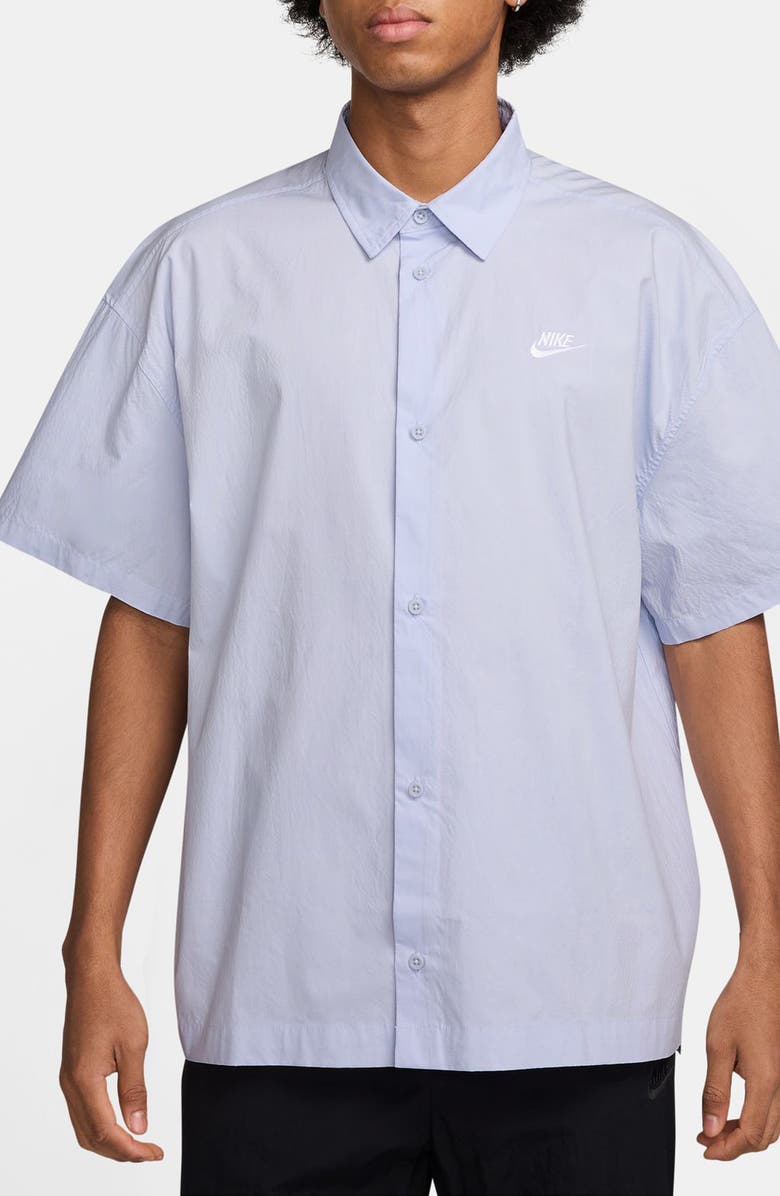Nike Club Short Sleeve Button-Up Oversize Shirt, Main, color, Ghost/ White