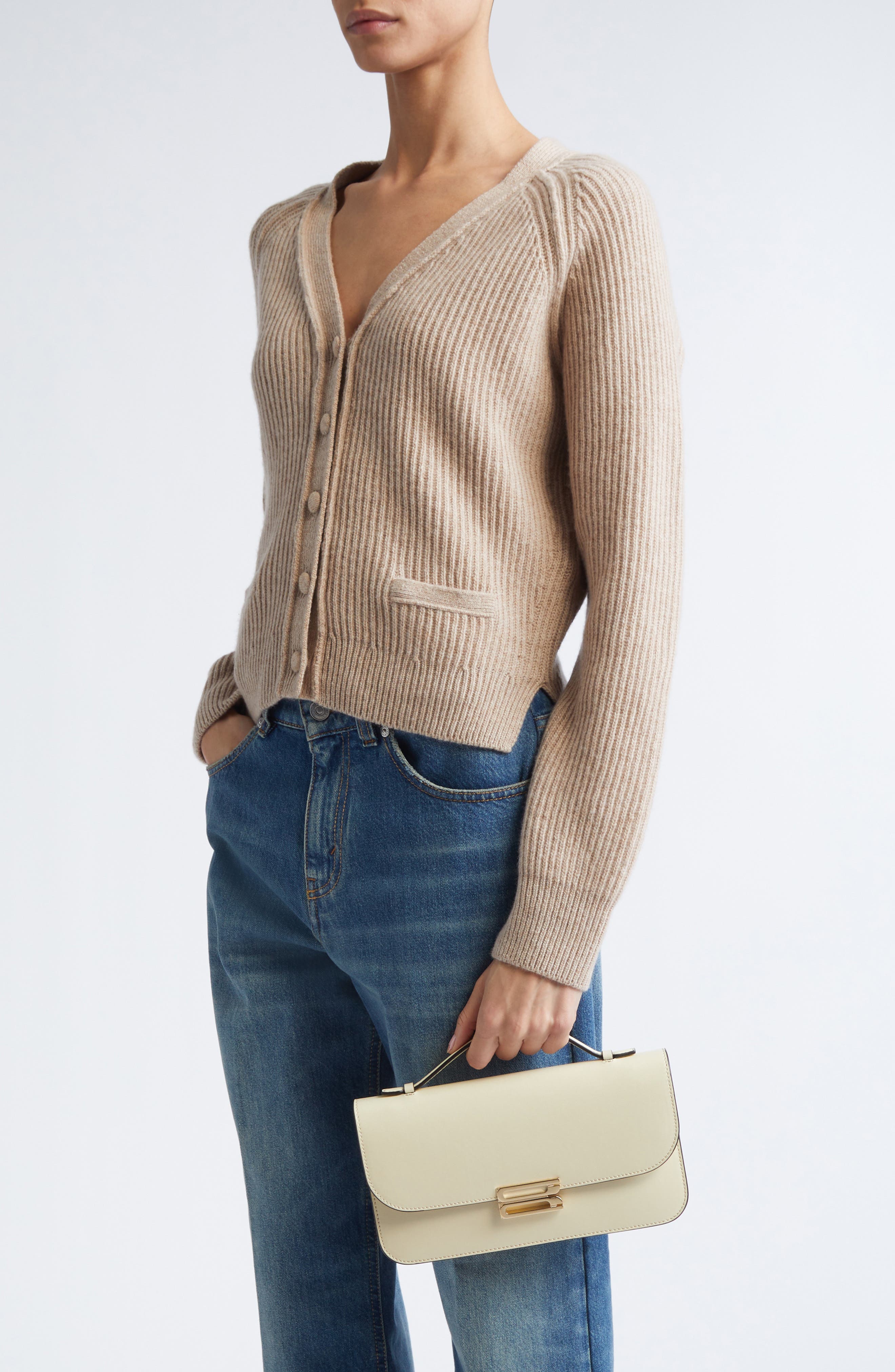 Midi Dorian Leather Top Handle Pouchette Bag, Alternate, color, IVORY