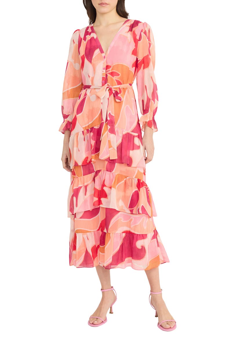 Tie Waist Long Sleeve Tiered Maxi Dress, Main, color, CREAM/ MAGENTA