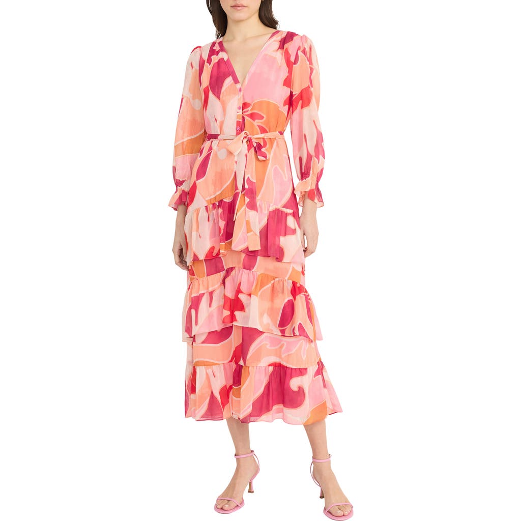 Donna Morgan Long Sleeve Ruffle Tiered Maxi Dress In Pink