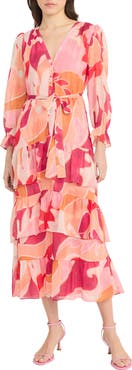 Donna Morgan Long Sleeve Ruffle Tiered Maxi Dress
