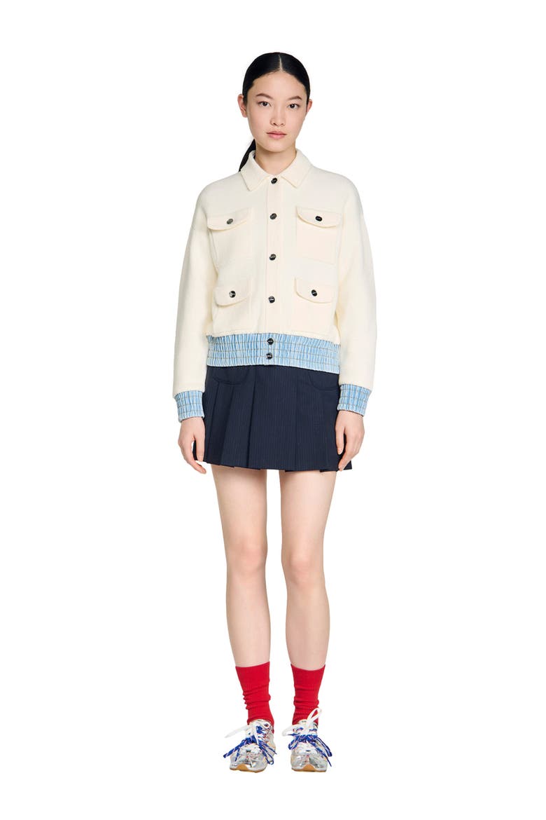Cardigan with denim details, Alternate, color, Ecru