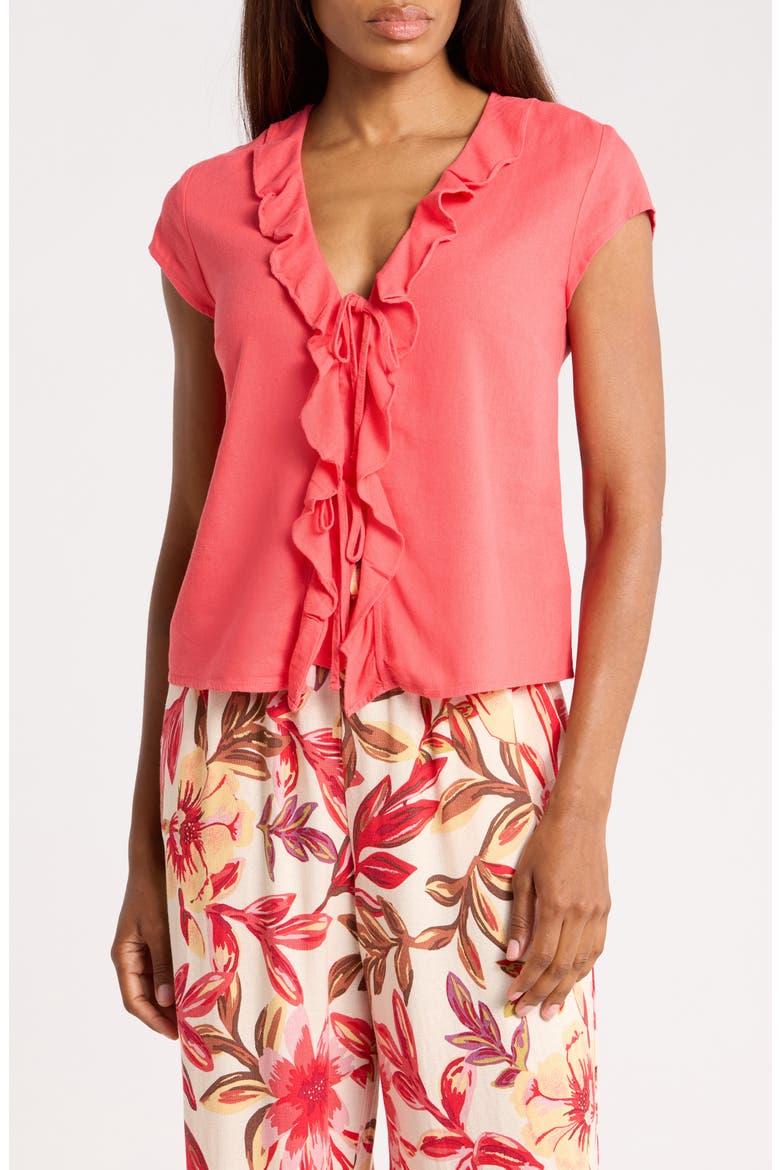 Ruffle Tie Front Top, Main, color, CORAL
