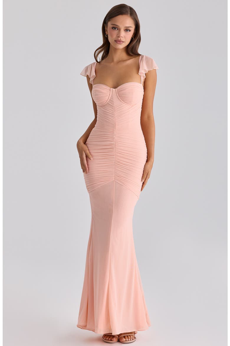 Antonella Ruched Mesh Dress, Alternate, color, PEACH