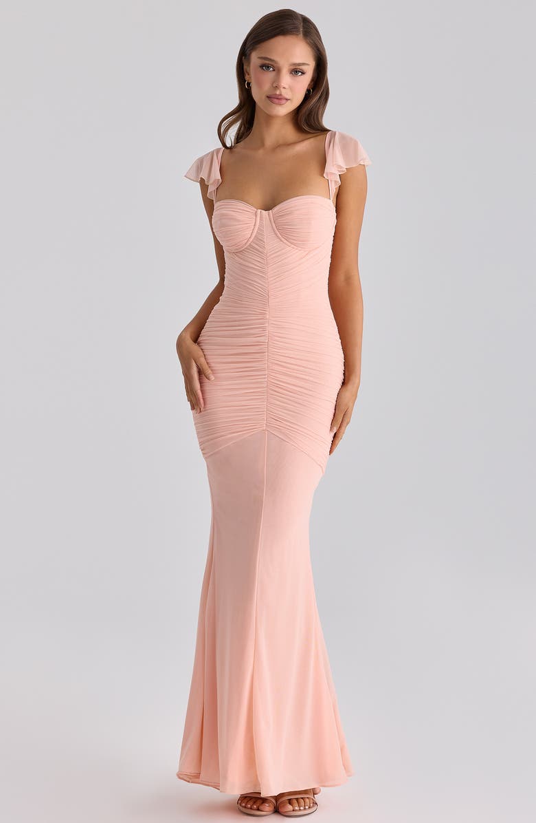 HOUSE OF CB Antonella Ruched Mesh Dress, Alternate, color, Peach