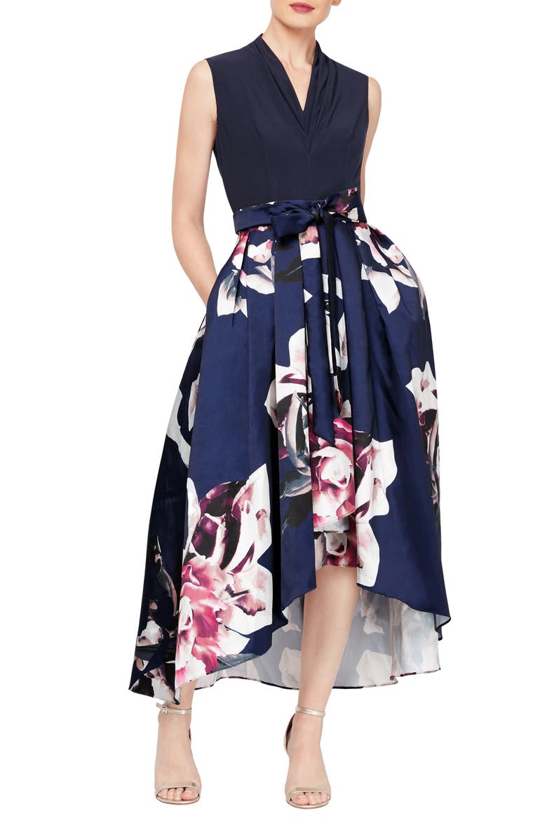 Floral Mikado High-Low Gown, Main, color, NAVY MULTI