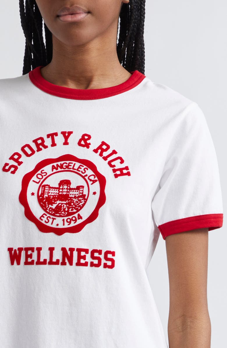 Sporty & Rich Flocked Emblem Cotton Ringer Graphic T-Shirt, Alternate, color,