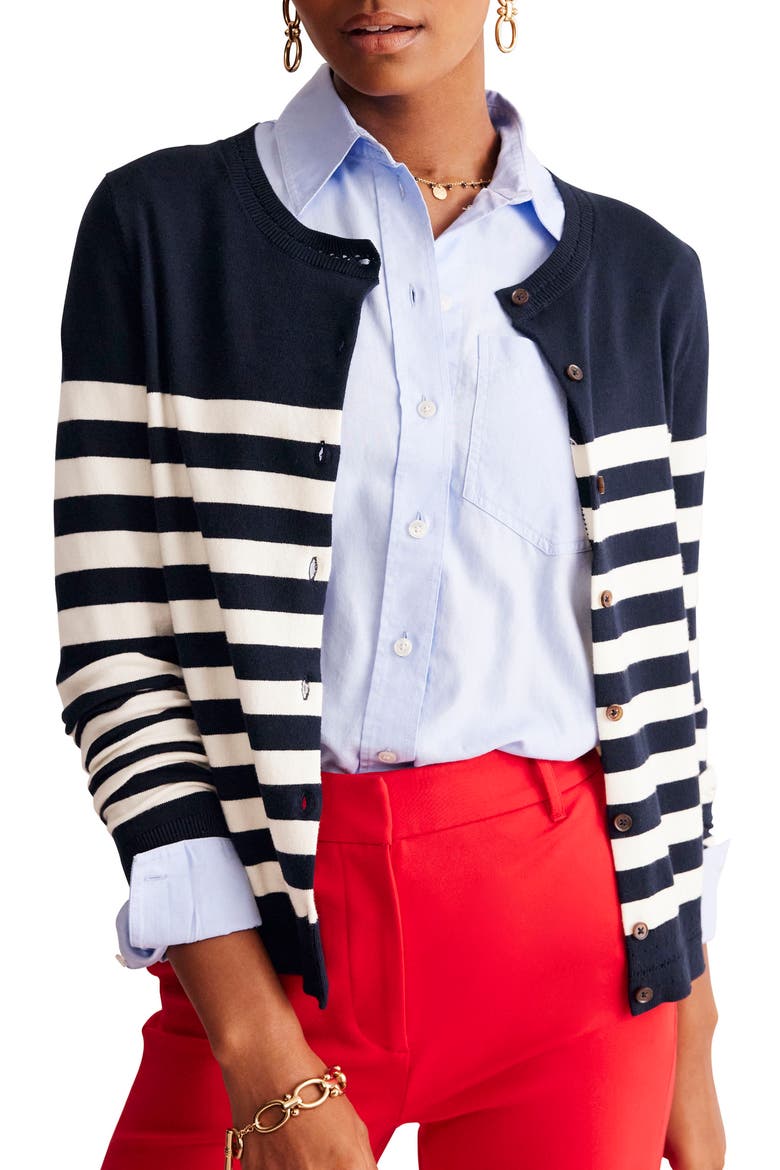 Catriona Stripe Cotton Blend Cardigan, Main, color, NAVY/ IVORY
