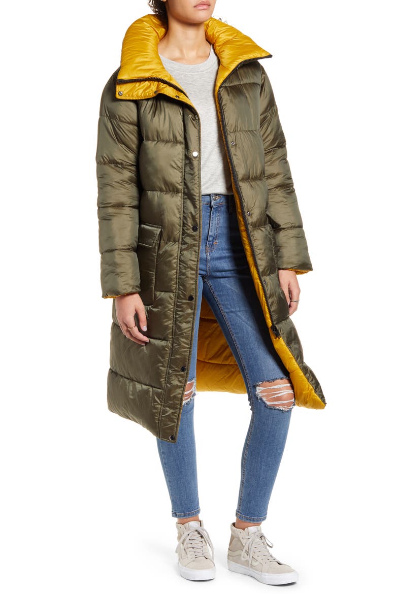 Reversible Long Puffer Coat, Main, color, OLIVE ITALY