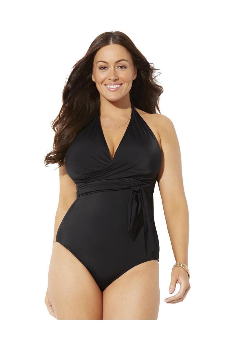 Swimsuits for All Faux Wrap Halter One Piece Swimsuit, Main, color, Black