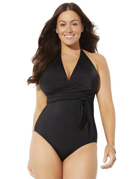 Faux Wrap Halter One Piece Swimsuit