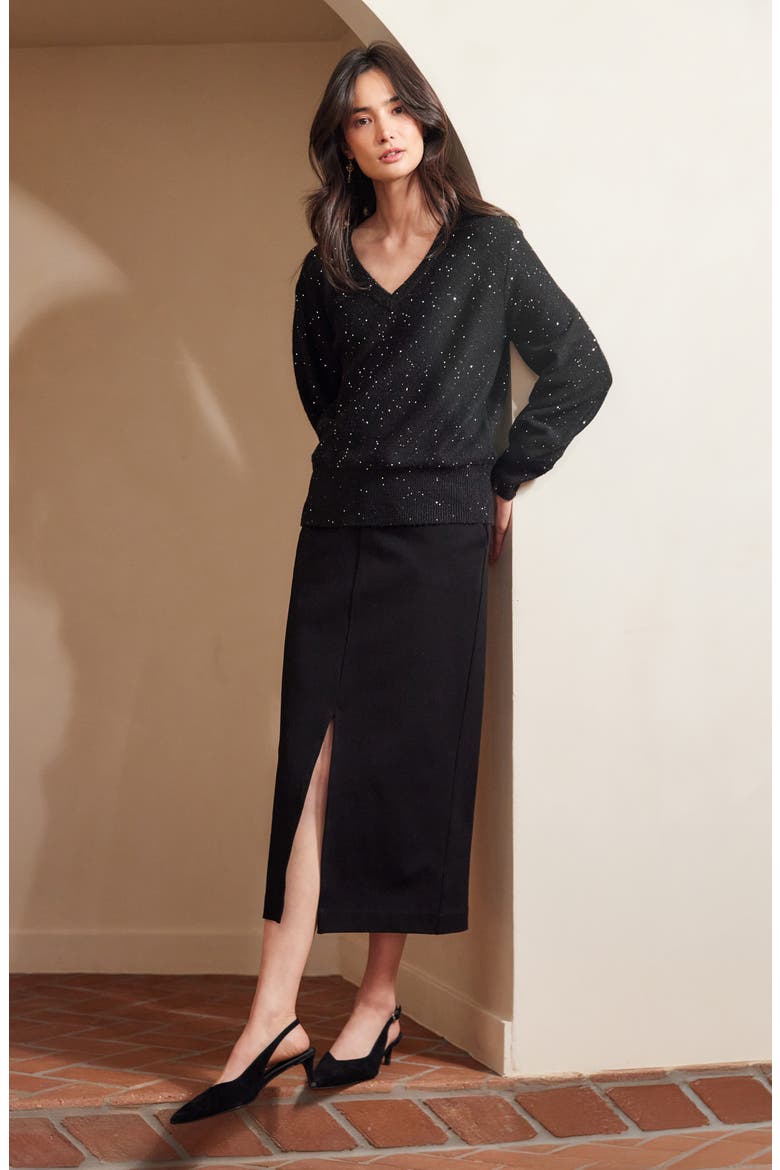 Sequin V-Neck Sweater, Alternate, color, BLACK