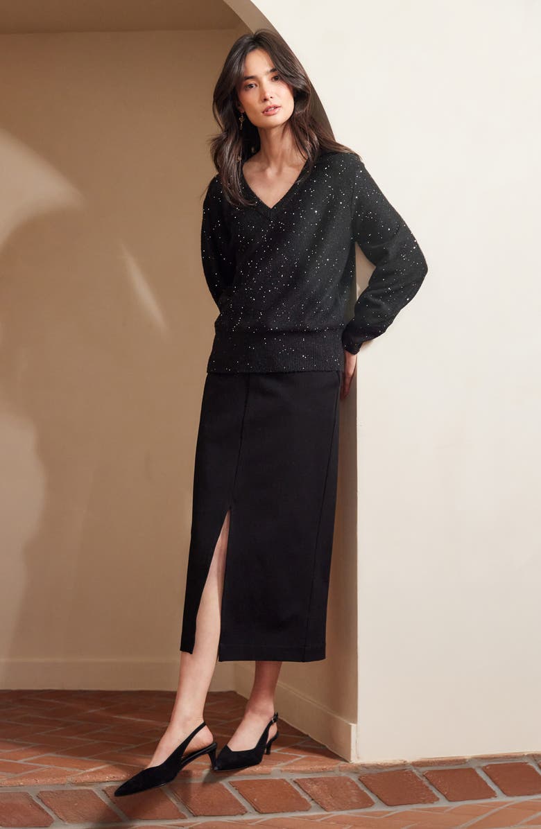 Karen Kane Sequin V-Neck Sweater, Alternate, color, Black
