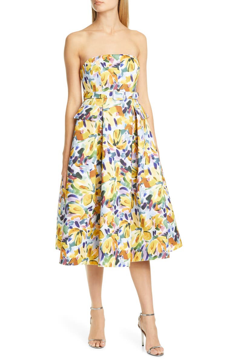 Badgley Mischka Collection Floral Print Strapless Midi Dress, Main, color,