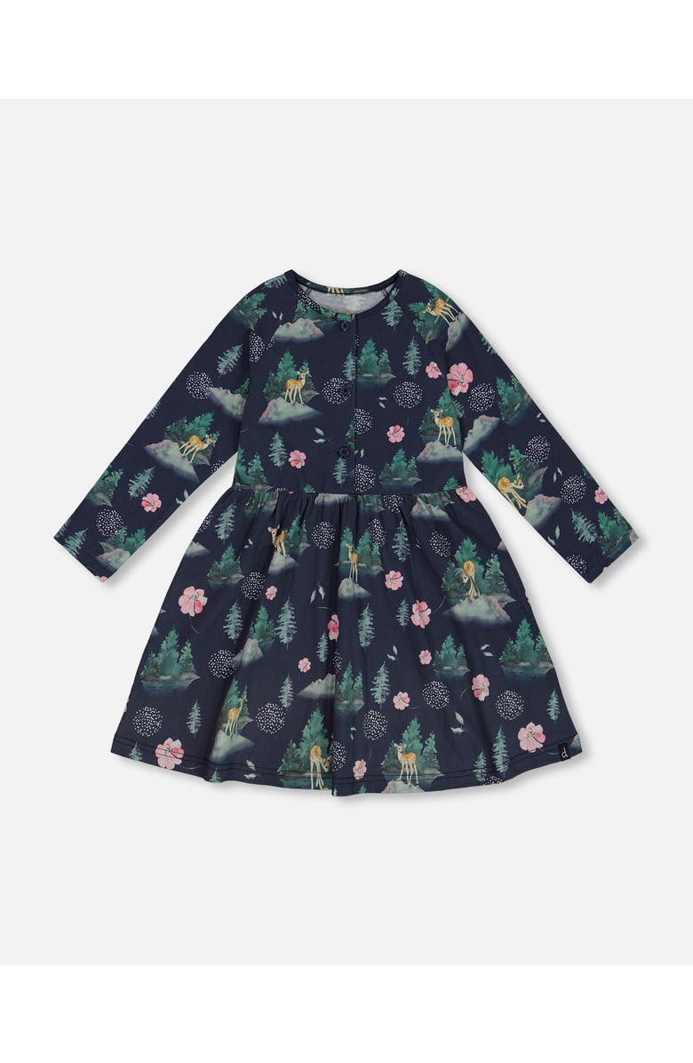 Deux par Deux Girl's Jersey Long Sleeve Dress Navy Printed Bambi, Main, color, 