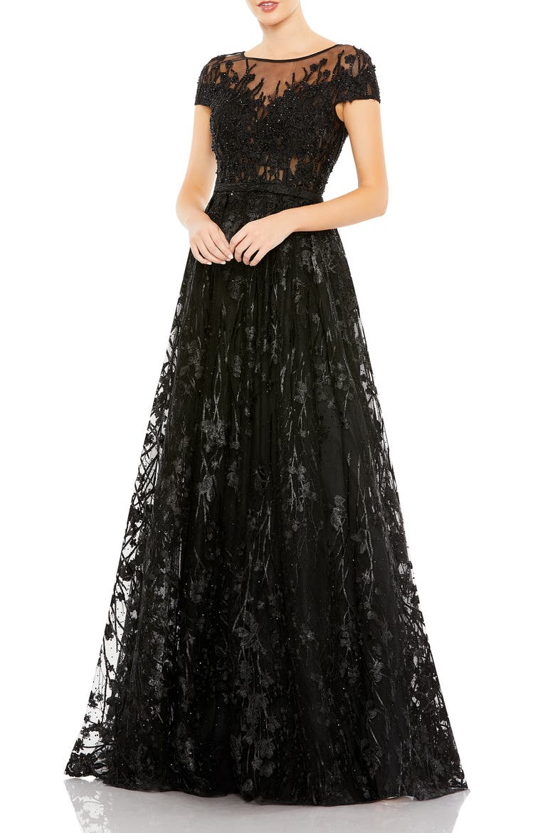 Embellished Floral Cap Sleeve A Line Gown, Main, color, BLACK
