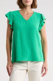 Adrianna Papell Flutter Sleeve Crinkled Satin Blouse