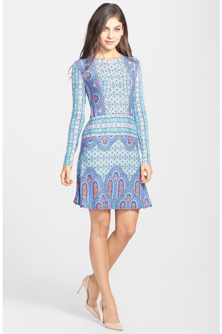 'Jeanna' Print Jersey Fit & Flare Dress, Alternate, color, BLUE DEPTHS COMBO