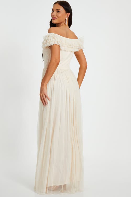 Quiz Mesh Ruffle Bardot Maxi Dress In Cream