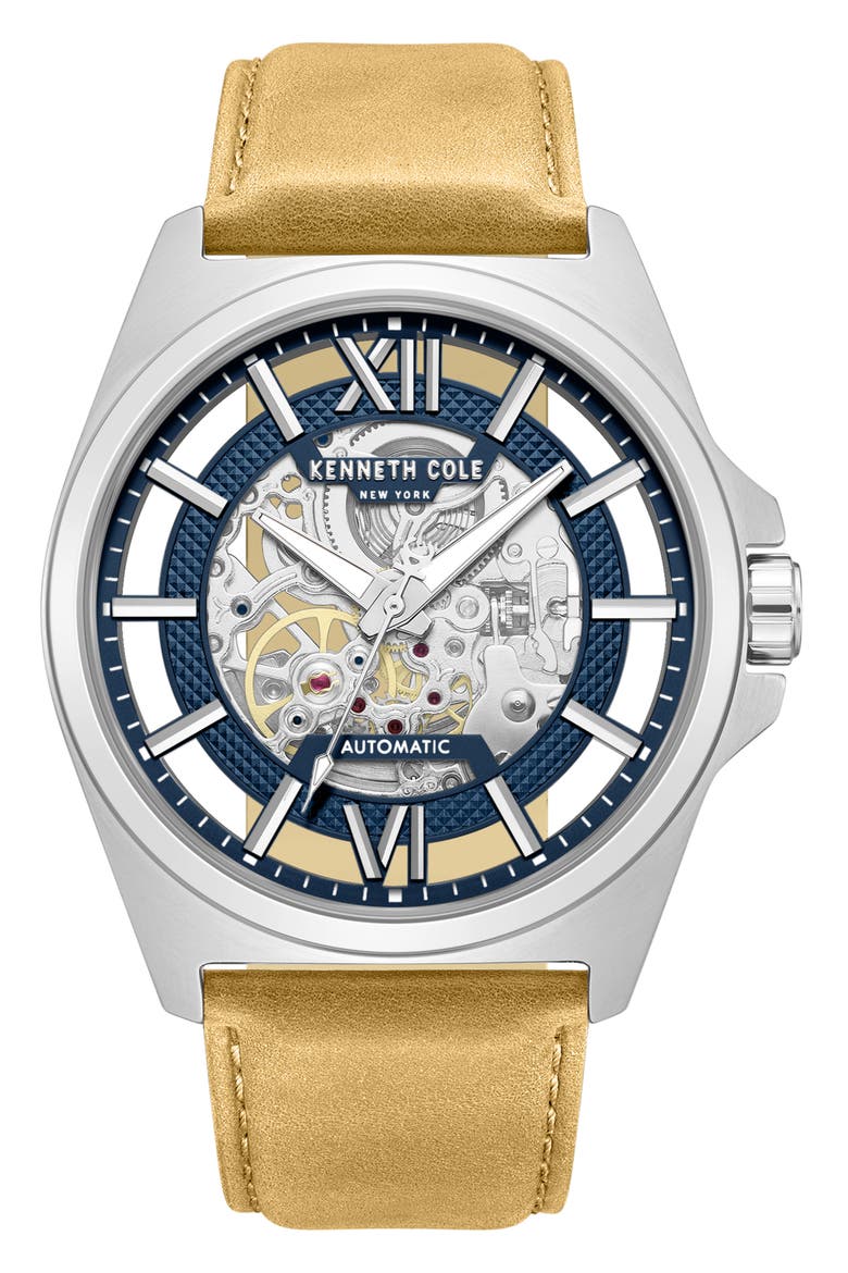 Skeleton Automatic Tan Leather Strap Watch, 44mm, Main, color, TAN