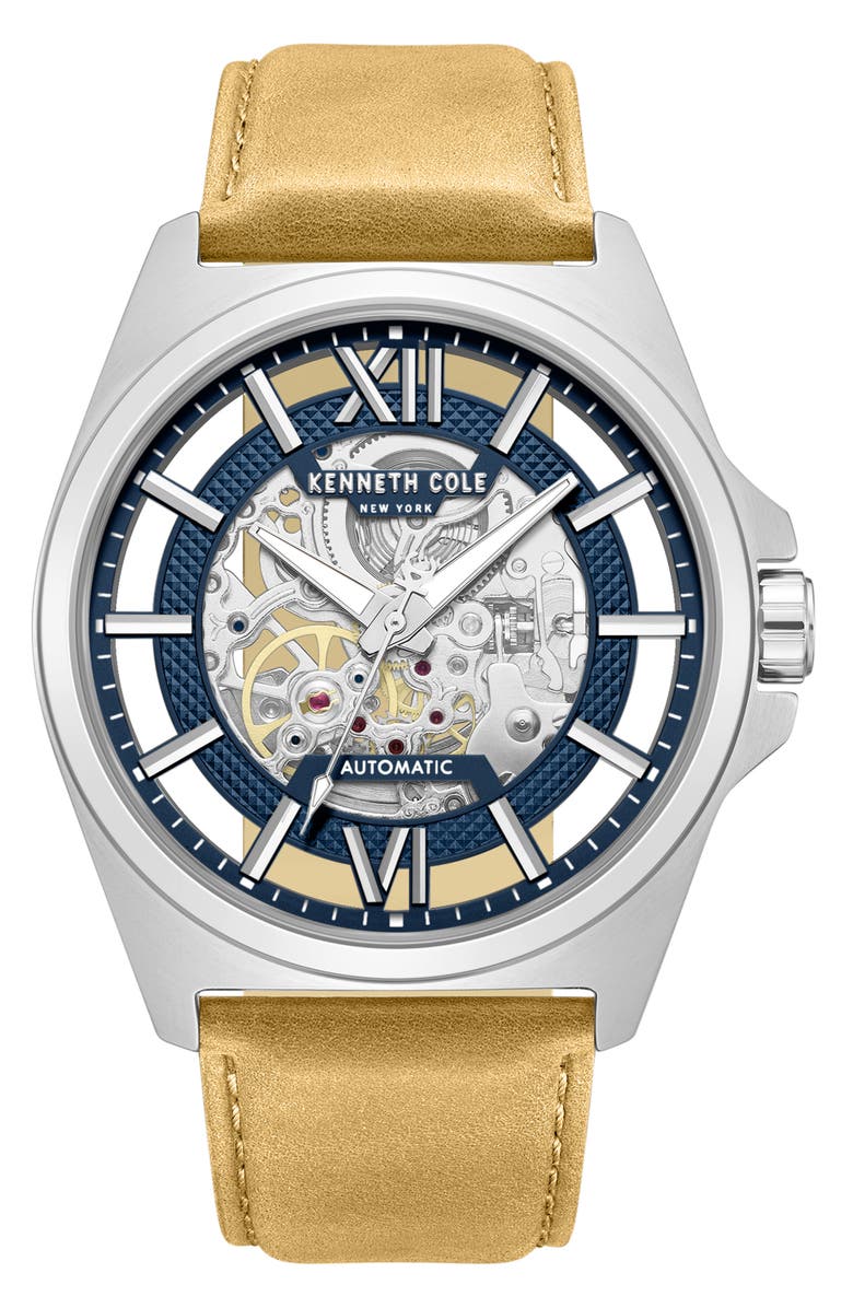 Kenneth Cole New York Skeleton Automatic Tan Leather Strap Watch, 44mm, Main, color, Silver/Tan