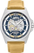 Kenneth Cole New York Skeleton Automatic Tan Leather Strap Watch, 44mm