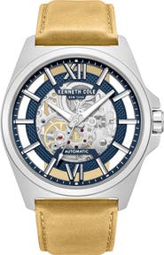 Kenneth Cole New York Skeleton Automatic Tan Leather Strap Watch, 44mm