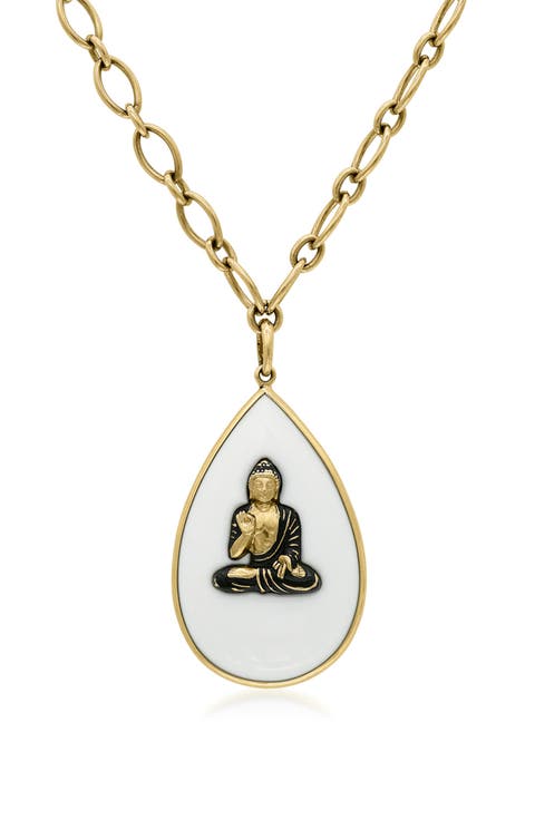 18K Yellow Gold Chalcedony & Enamel Buddha Pendant Necklace