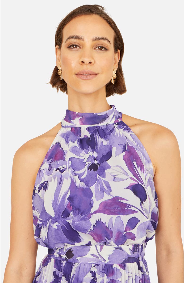 Yumi Floral Halter Neck Pleated Midi Dress, Alternate, color, Purple