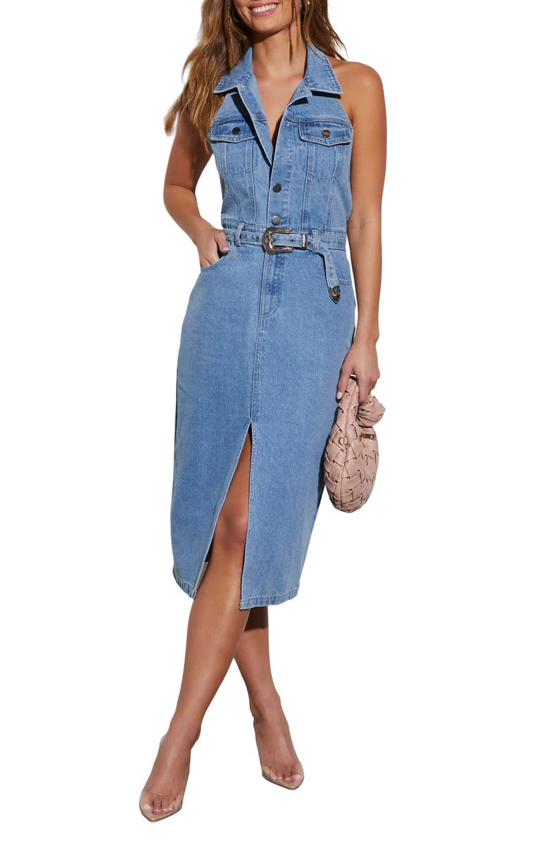 VICI Collection Montana Belted Denim Halter Dress, Main, color,