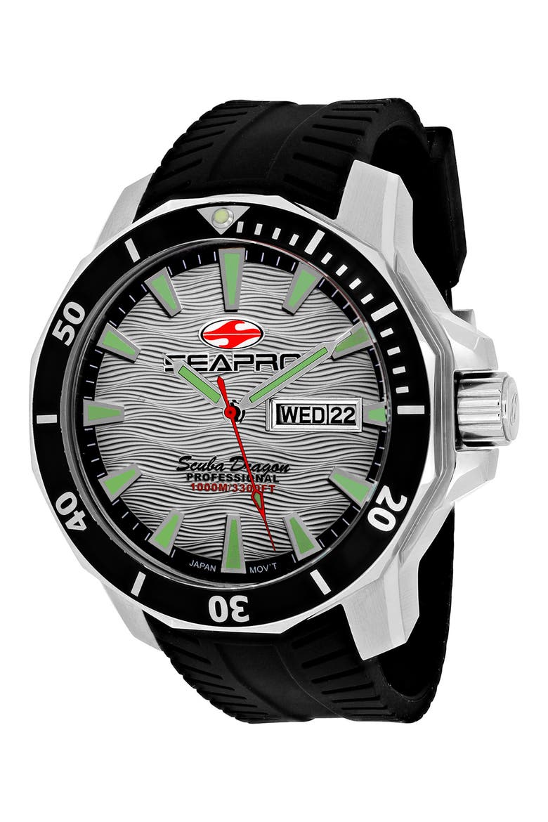 Scuba Dragon Professional Silicone Strap Watch, Main, color, SILVER