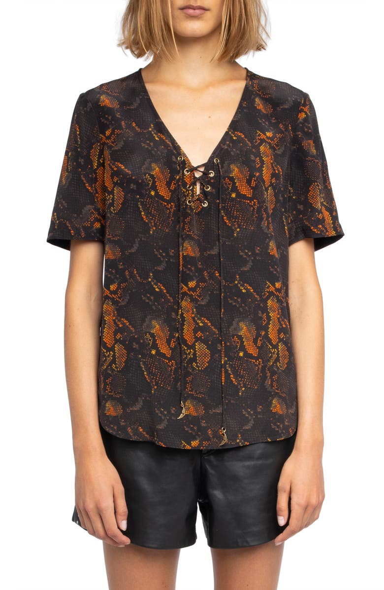 Zadig & Voltaire Terzo Python Print Silk Button-Up Shirt, Main, color, Black