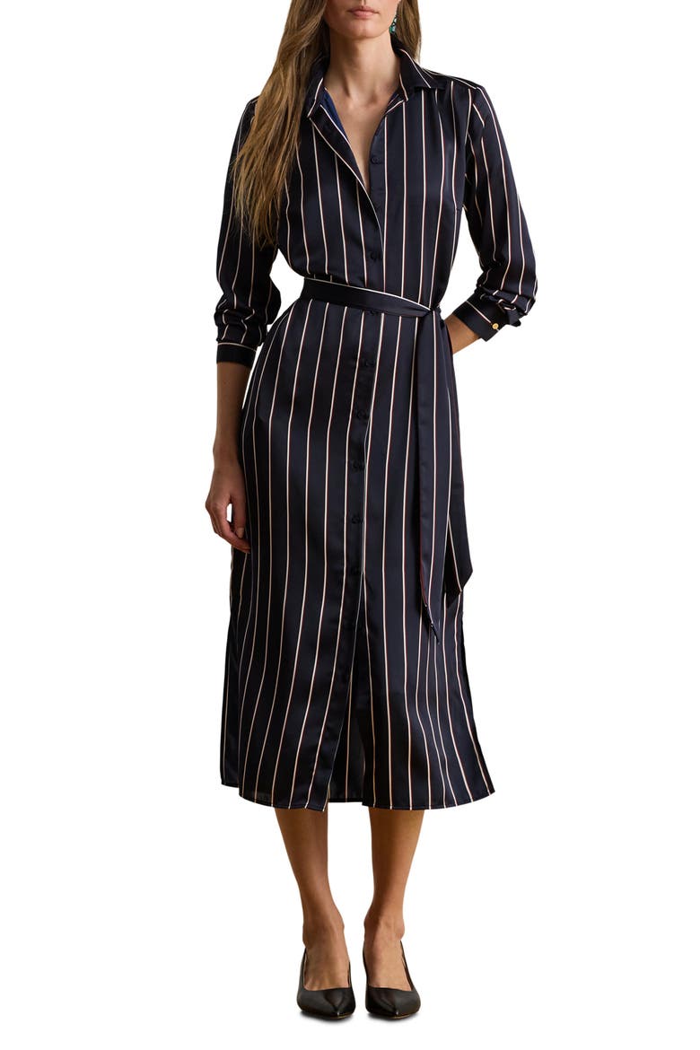 striped silk-blend dress save your wishlist polo ralph lauren Shirred Midi - Beige seam pockets and shirting stripes create a sense of casual ease. Women's Stripe Designer Dresses |