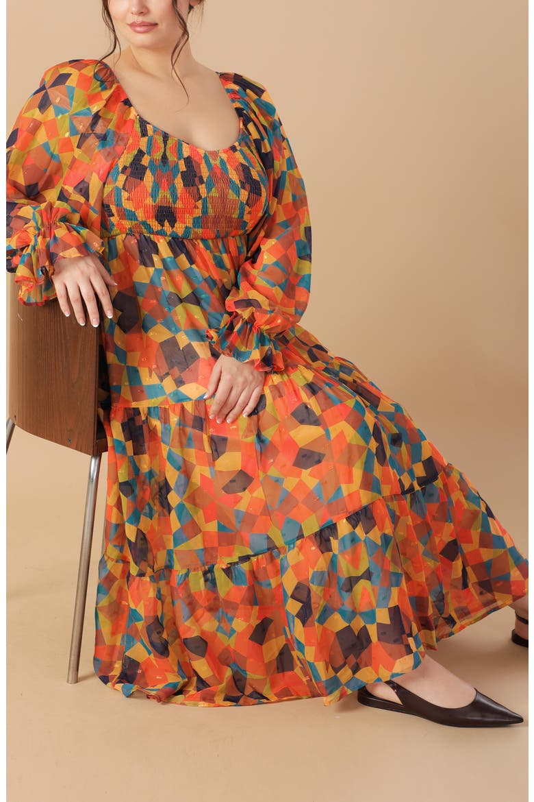 Long Sleeve Clip Dot Chiffon Midi Dress, Alternate, color, RUST NAVY