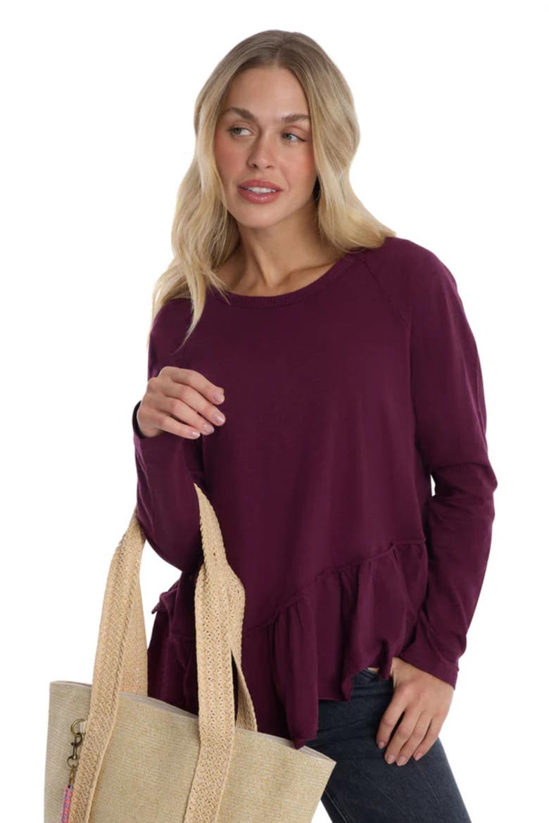Raglan Long Sleeve Asymmetric Peplum Hem Tee, Alternate, color, Dark Fig