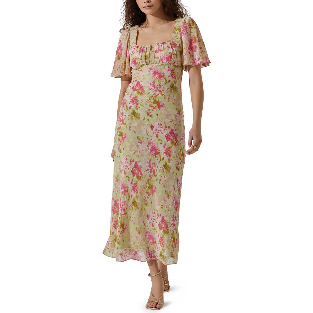 Astr Floral Tie Back Flutter Sleeve Dress In Lime Pink Floral