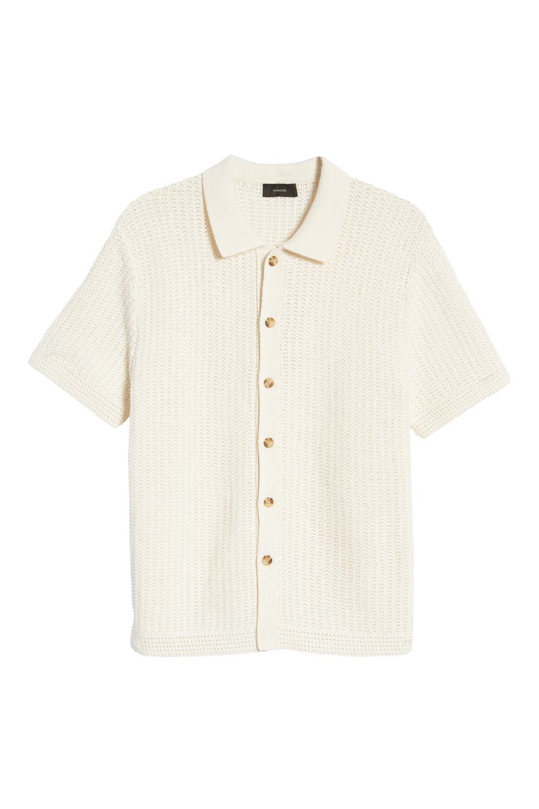 Crochet Cotton Short Sleeve Button-Up Shirt, Alternate, color, BONE