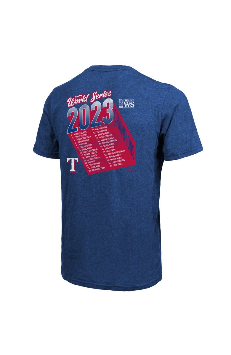 Majestic Threads Men's Majestic Threads  Royal Texas Rangers 2023 World Series Champions Life Of The Party Tri-Blend Roster T-Shirt, Alternate, color, 