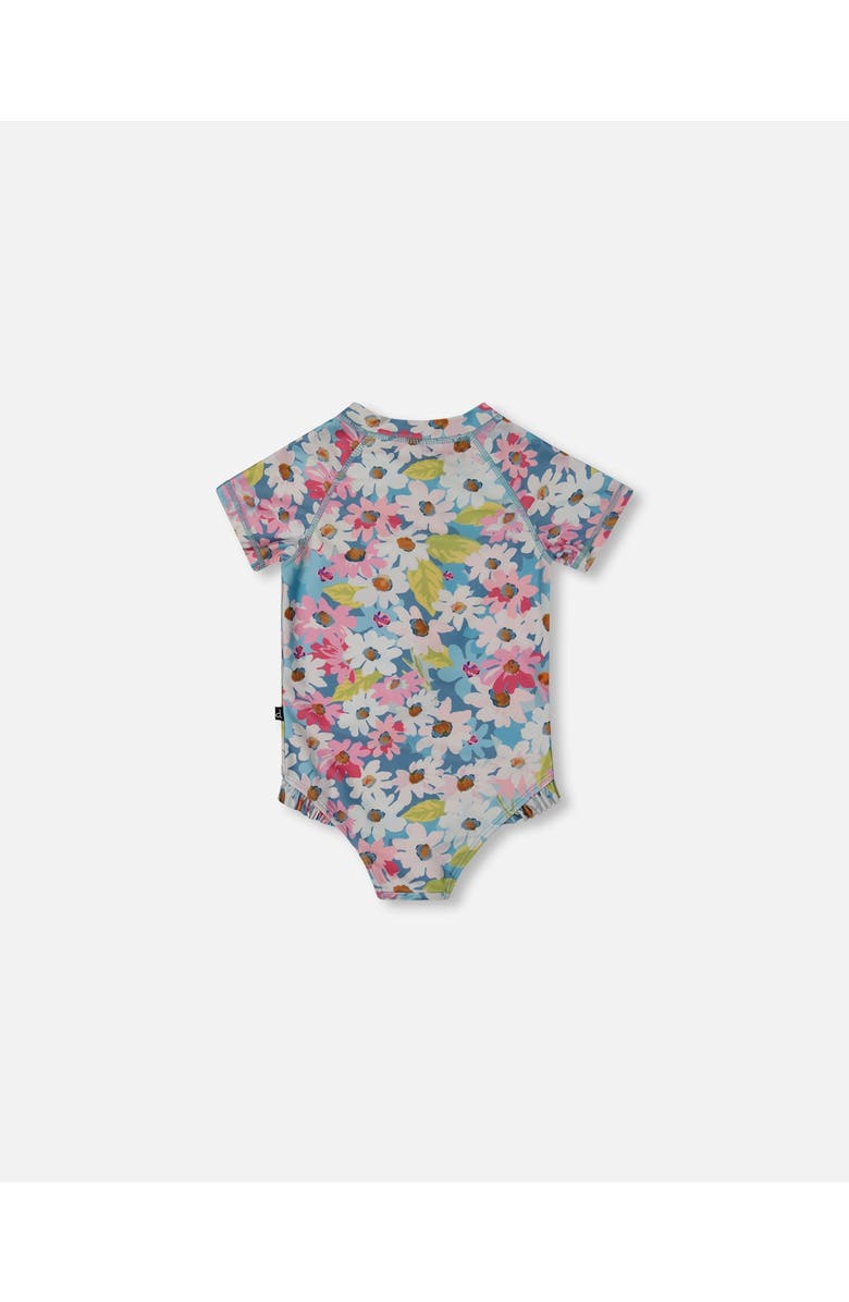 Deux par Deux Little Girl's Printed Short Sleeve One-Piece Swimsuit With Frills White, Pink, And Green Flowers, Alternate, color,